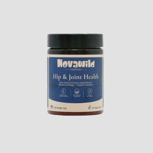 A jar of Novawild Essentials Hip & Joint Health supplement, featuring a dark blue label and a black lid, set against a solid light gray background.